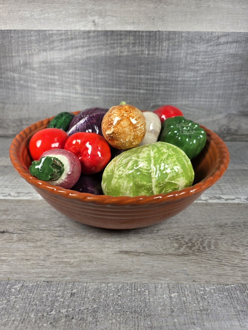 Artimino Tuscan Countryside Terracotta 11" Bowl w Vintage Ceramic Vegetables b27